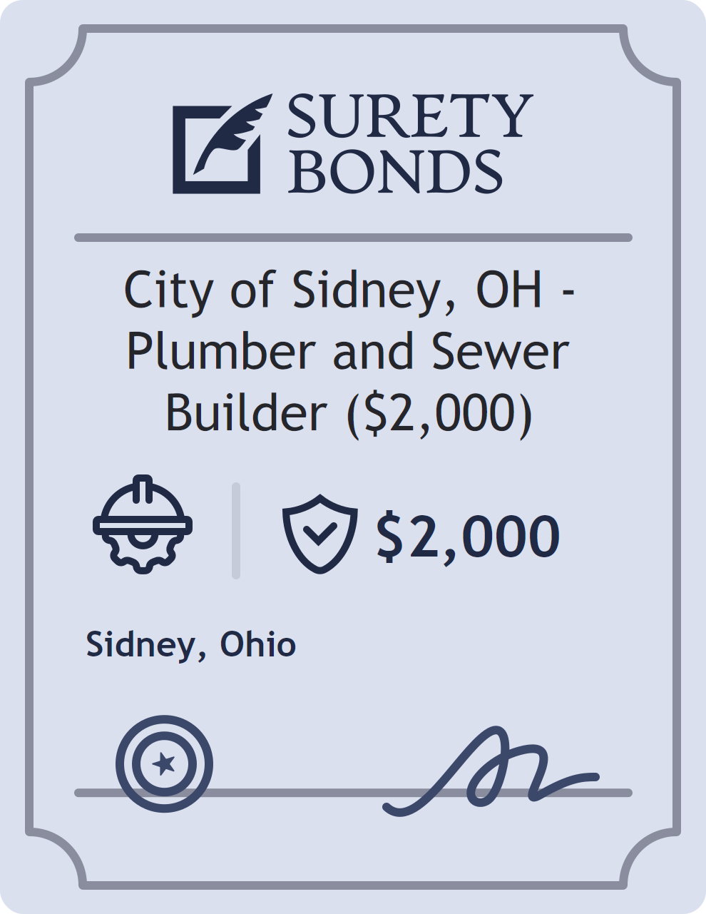 Surety bond badge for City of Sidney, OH - Plumber and Sewer Builder ($2,000)