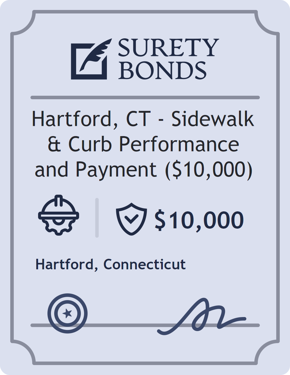 Surety bond badge for Hartford, CT - Sidewalk & Curb Performance and Payment ($10,000)