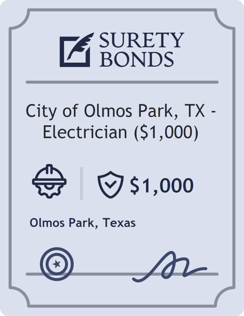 Surety bond badge for City of Olmos Park, TX - Electrician ($1,000)