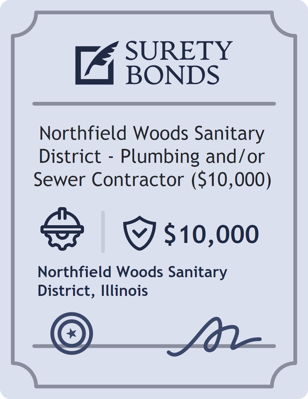 Surety bond badge for Northfield Woods Sanitary District - Plumbing and/or Sewer Contractor ($10,000)