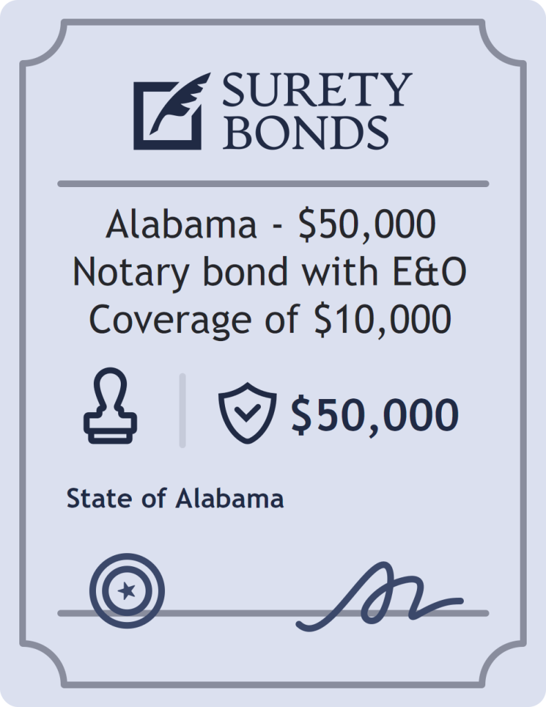 Surety bond badge for Alabama - $50,000 Notary bond with E&O Coverage of $10,000