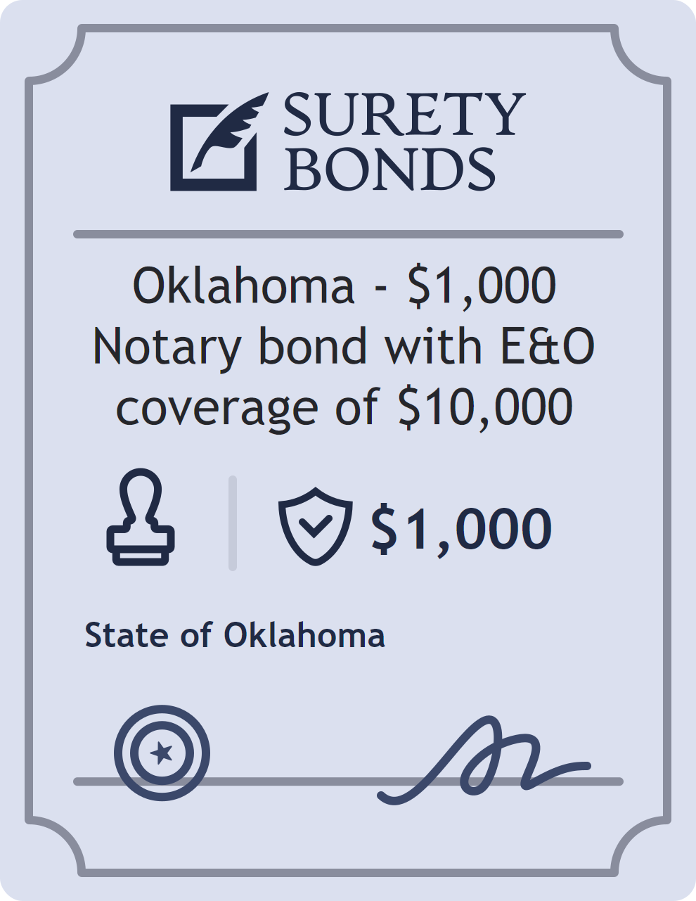 Surety bond badge for Oklahoma - $1,000 Notary bond with E&O coverage of $10,000