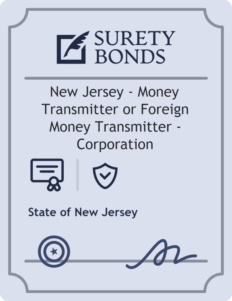 Surety bond badge for New Jersey - Money Transmitter or Foreign Money Transmitter - Corporation