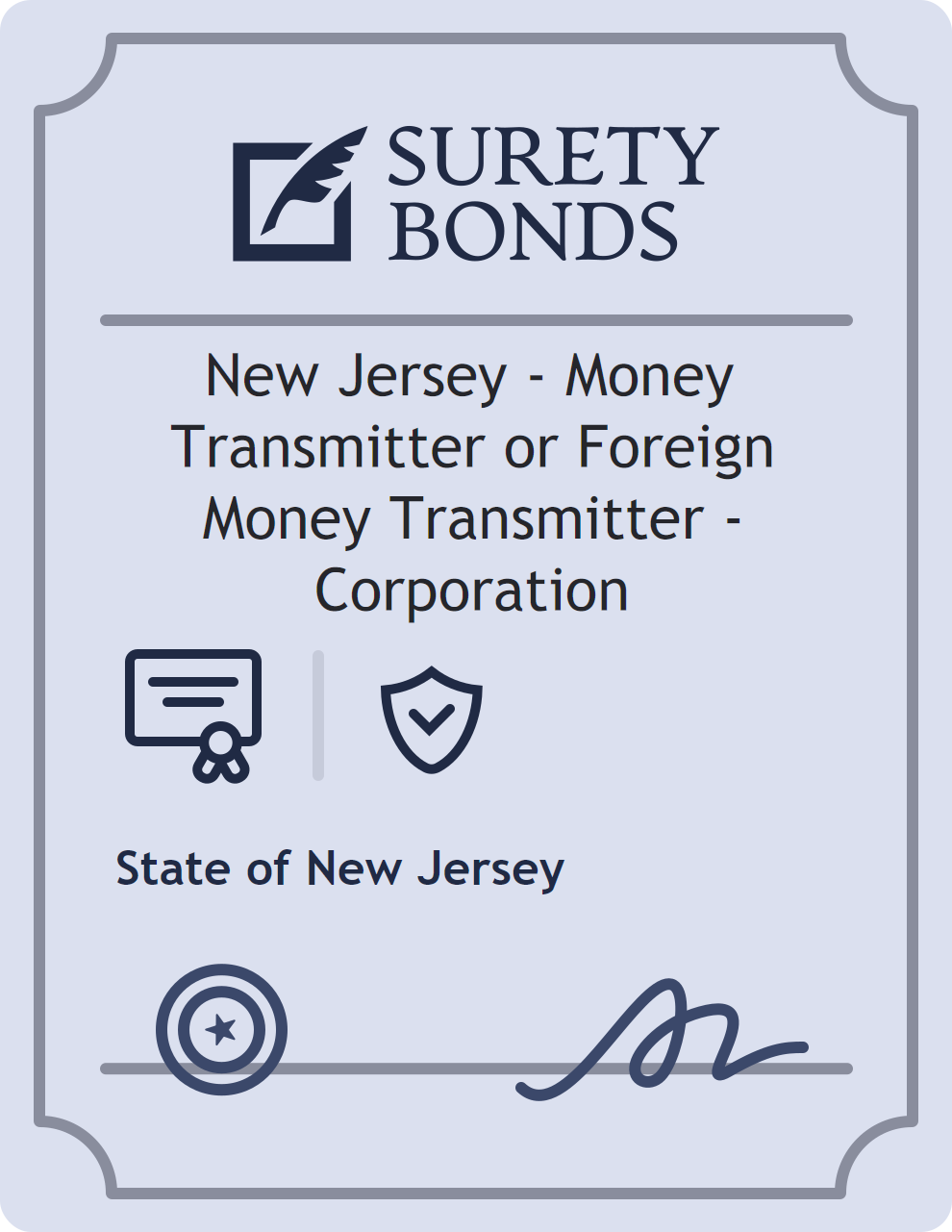 Surety bond badge for New Jersey - Money Transmitter or Foreign Money Transmitter - Corporation