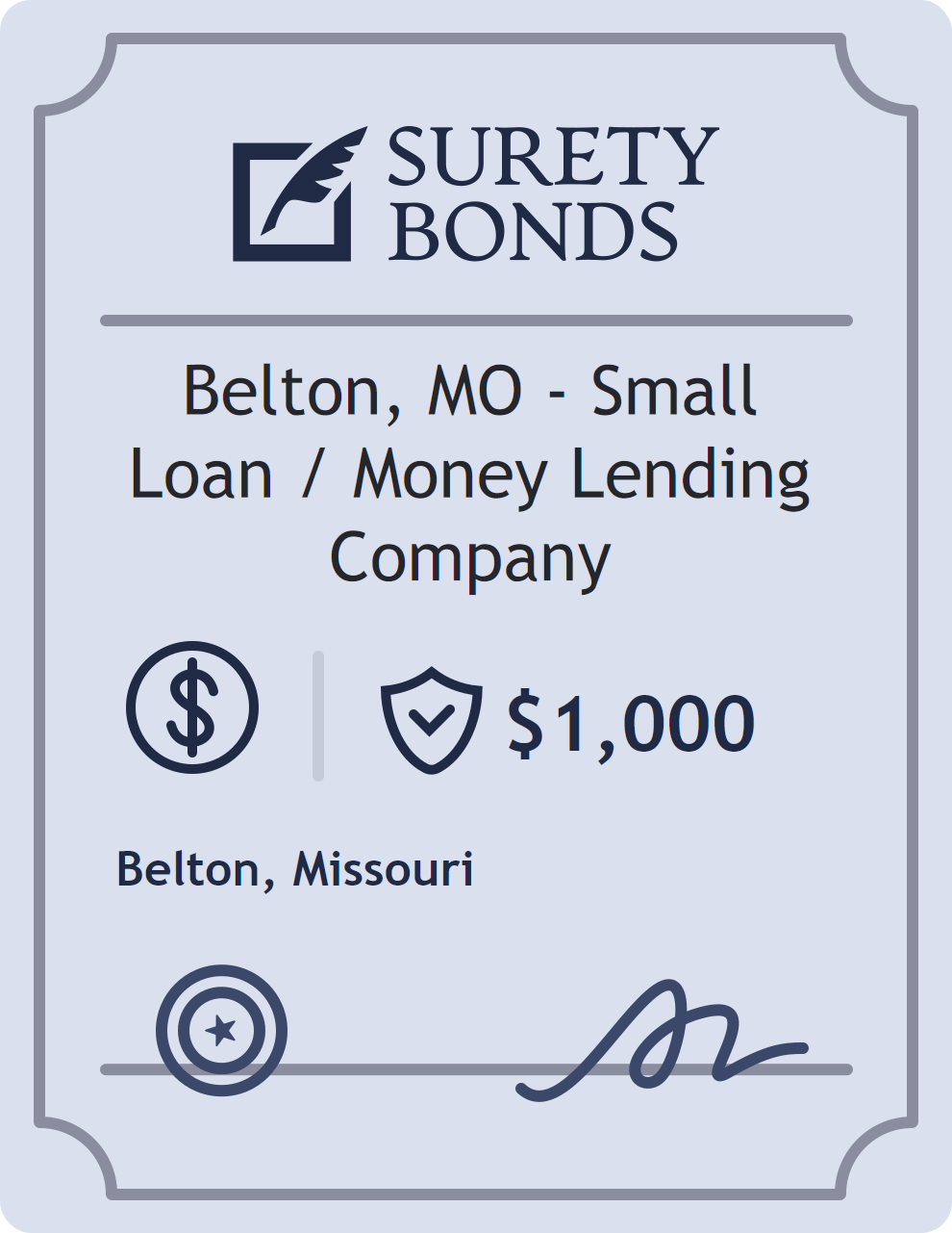 Surety bond badge for Belton, MO - Small Loan / Money Lending Company