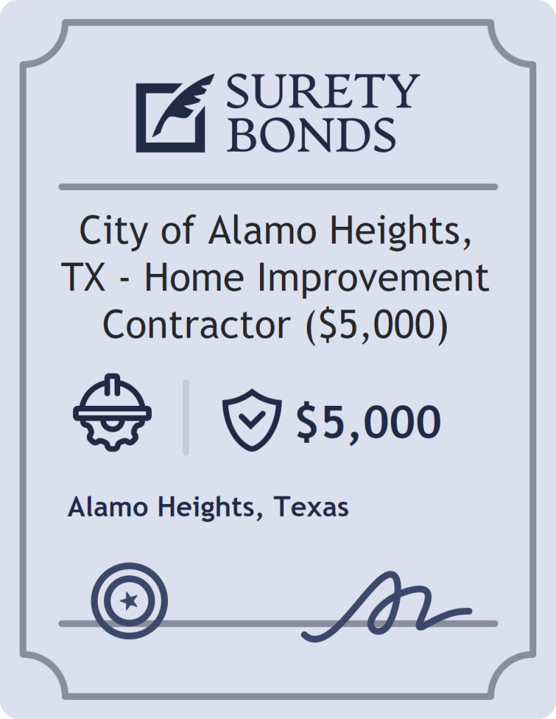 Surety bond badge for City of Alamo Heights, TX - Home Improvement Contractor ($5,000)