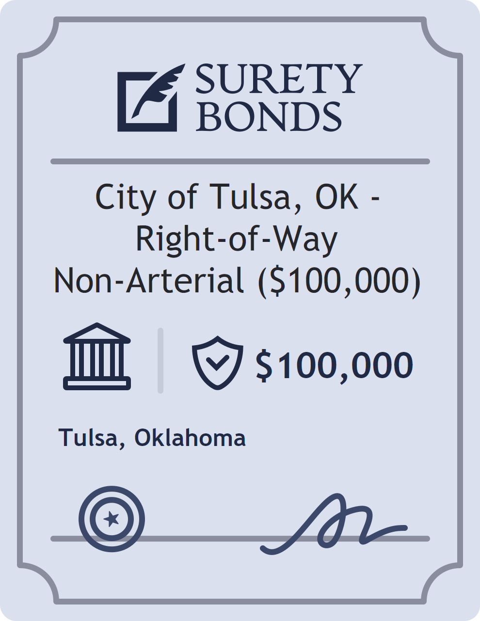 Surety bond badge for City of Tulsa, OK - Right-of-Way Non-Arterial ($100,000)