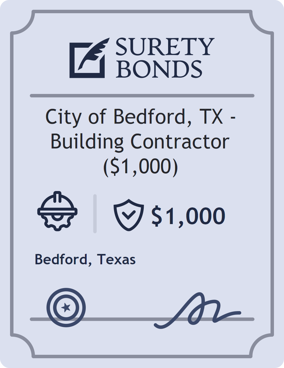 Surety bond badge for City of Bedford, TX - Building Contractor ($1,000)