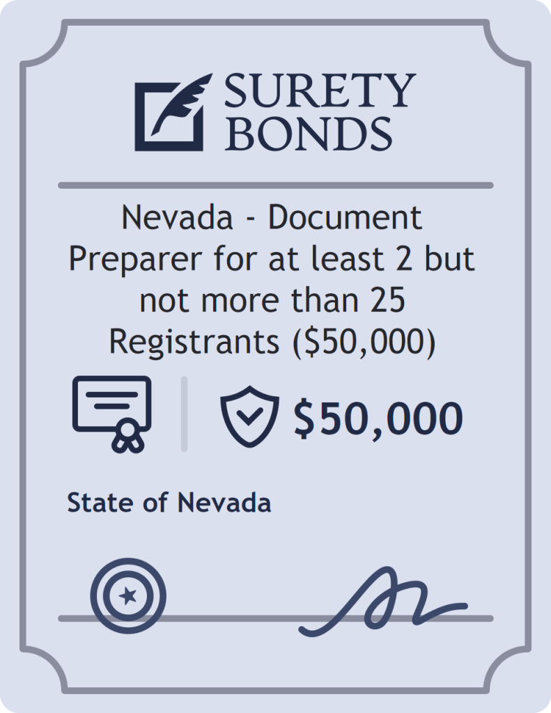 Surety bond badge for Nevada - Document Preparer for at least 2 but not more than 25 Registrants ($50,000)