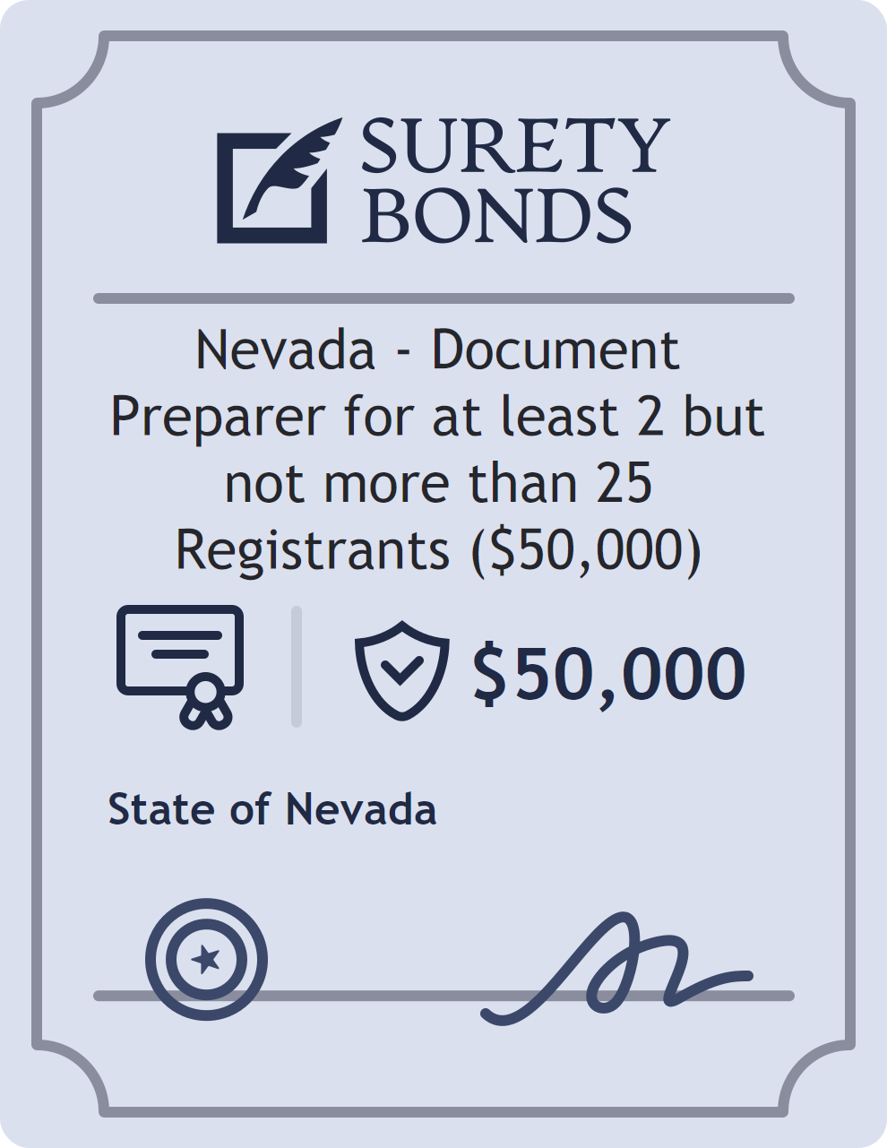 Surety bond badge for Nevada - Document Preparer for at least 2 but not more than 25 Registrants ($50,000)