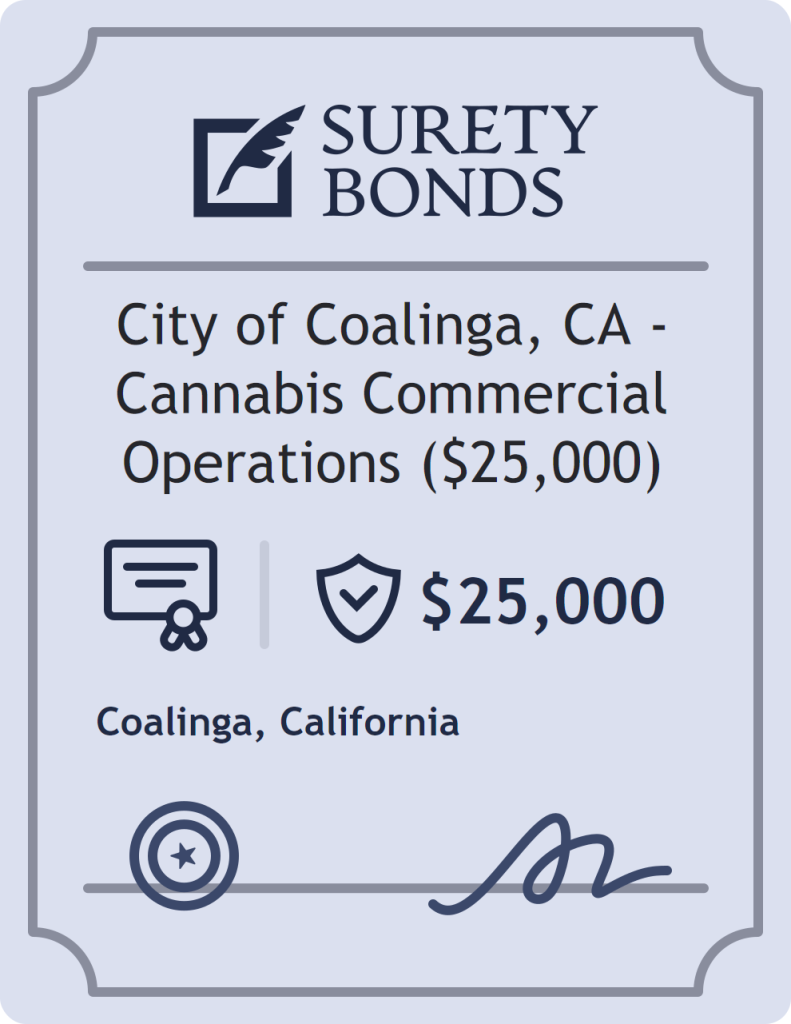 Surety bond badge for City of Coalinga, CA - Cannabis Commercial Operations ($25,000)