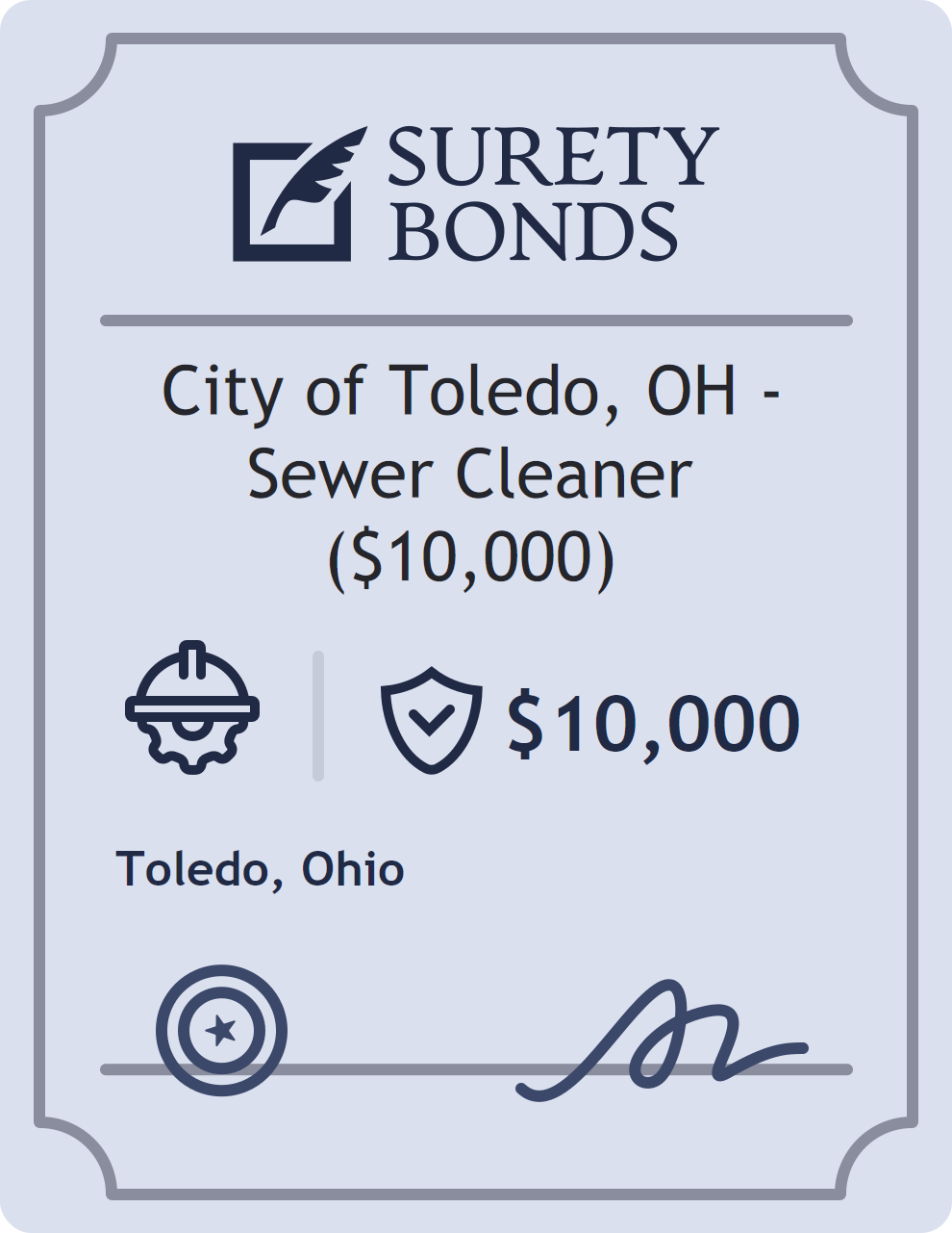 Surety bond badge for City of Toledo, OH - Sewer Cleaner ($10,000)