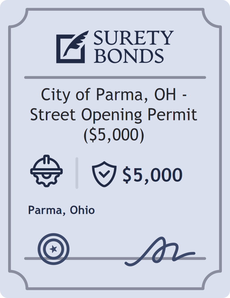 Surety bond badge for City of Parma, OH - Street Opening Permit ($5,000)
