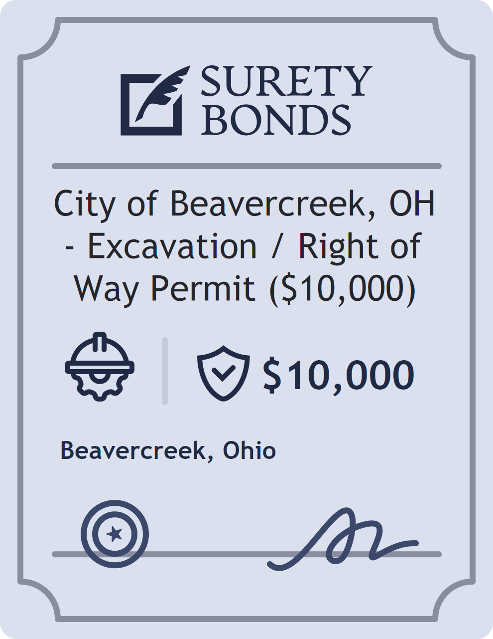 Surety bond badge for City of Beavercreek, OH - Excavation / Right of Way Permit ($10,000)