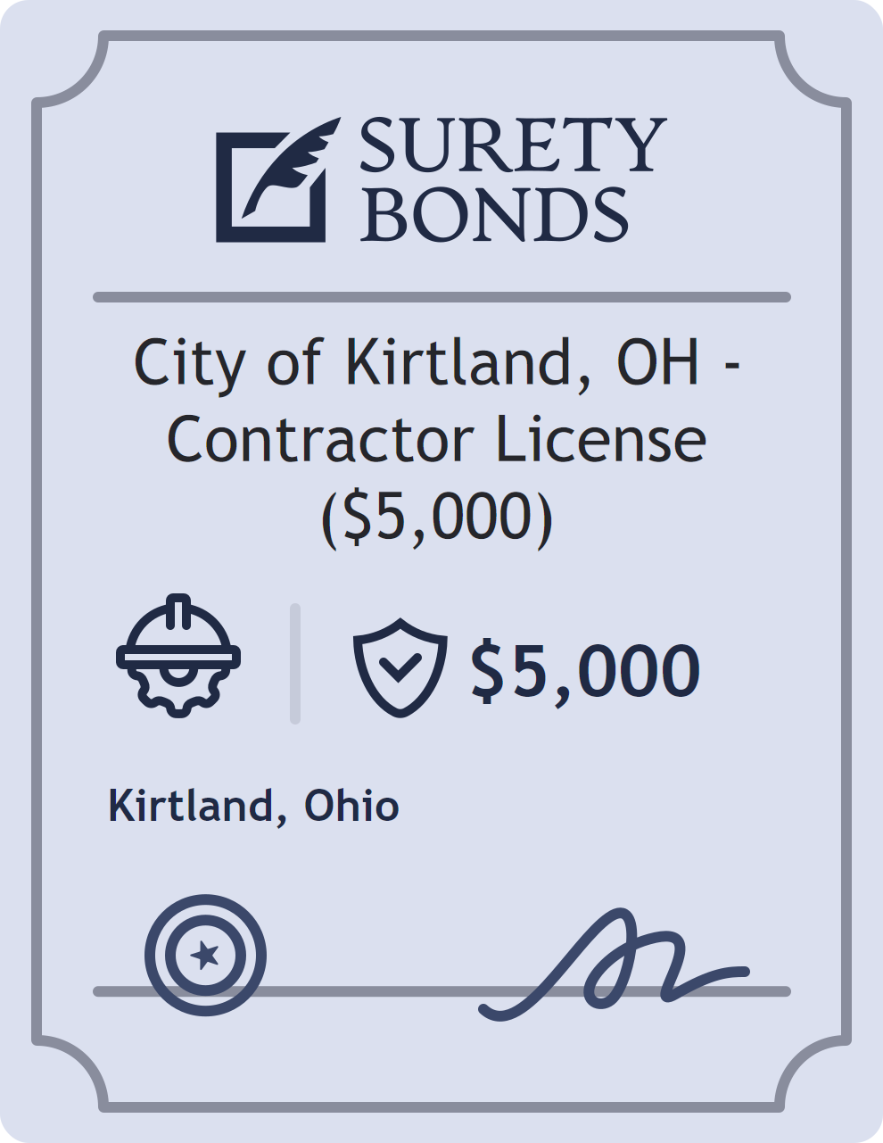 Surety bond badge for City of Kirtland, OH - Contractor License ($5,000)