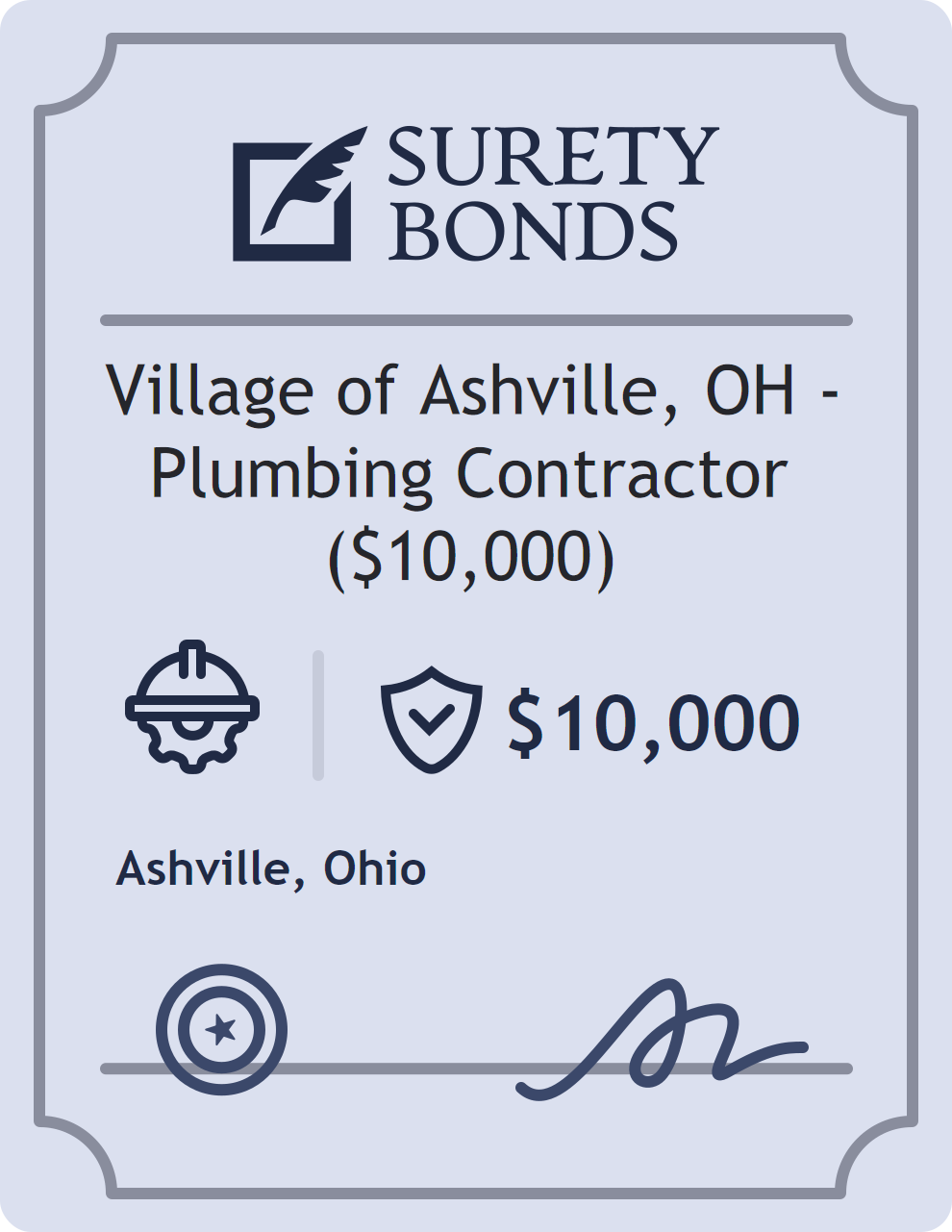 Surety bond badge for Village of Ashville, OH - Plumbing Contractor ($10,000)