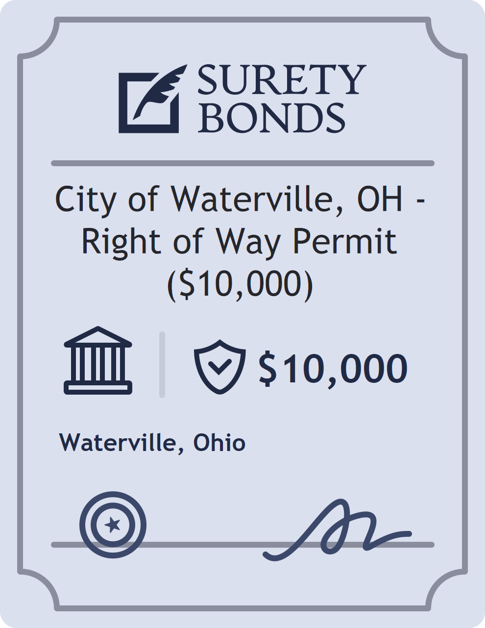 Surety bond badge for City of Waterville, OH - Right of Way Permit ($10,000)