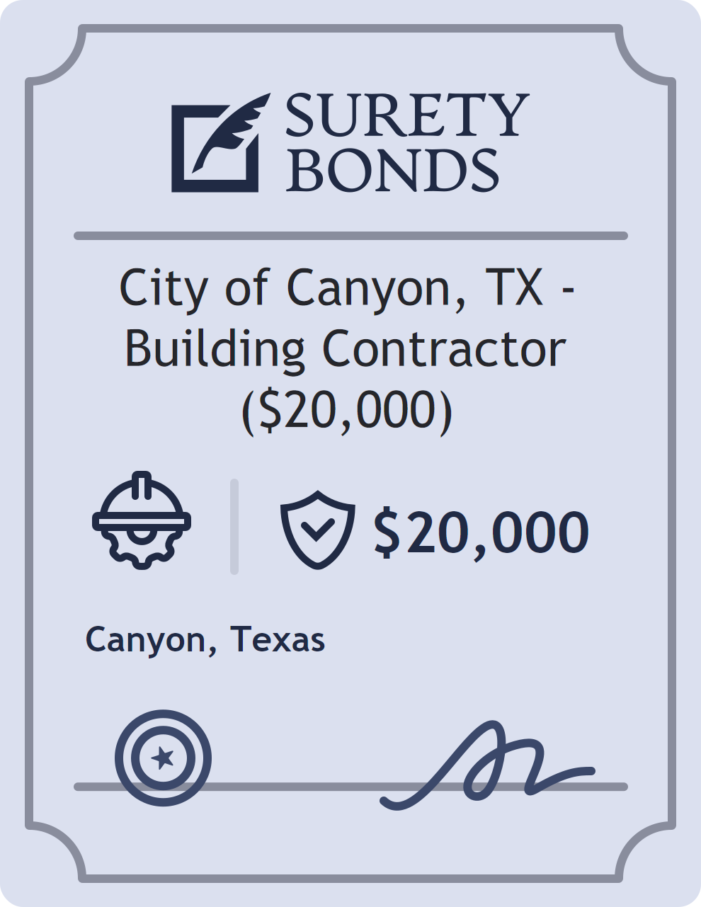 Surety bond badge for City of Canyon, TX - Building Contractor ($20,000)