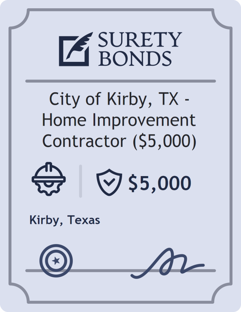 Surety bond badge for City of Kirby, TX - Home Improvement Contractor ($5,000)
