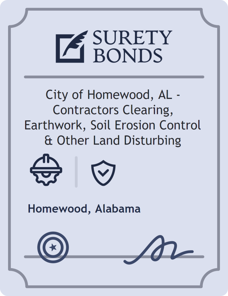 Surety bond badge for City of Homewood, AL - Contractors Clearing, Earthwork, Soil Erosion Control & Other Land Disturbing