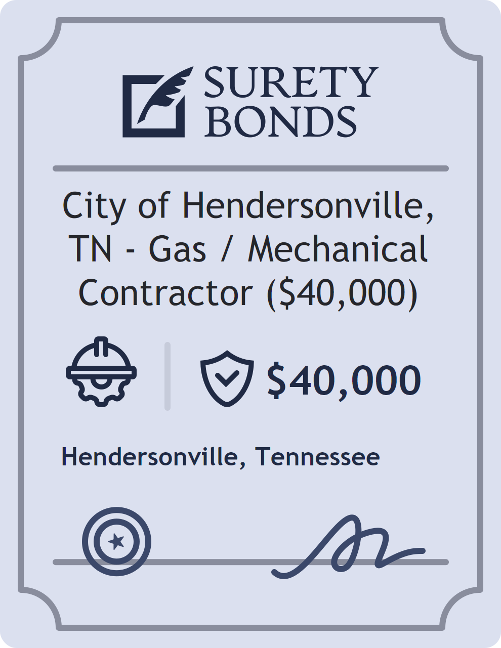 Surety bond badge for City of Hendersonville, TN - Gas / Mechanical Contractor ($40,000)