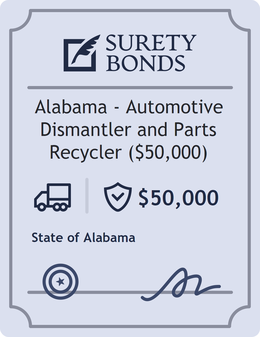 Surety bond badge for Alabama - Automotive Dismantler and Parts Recycler ($50,000)