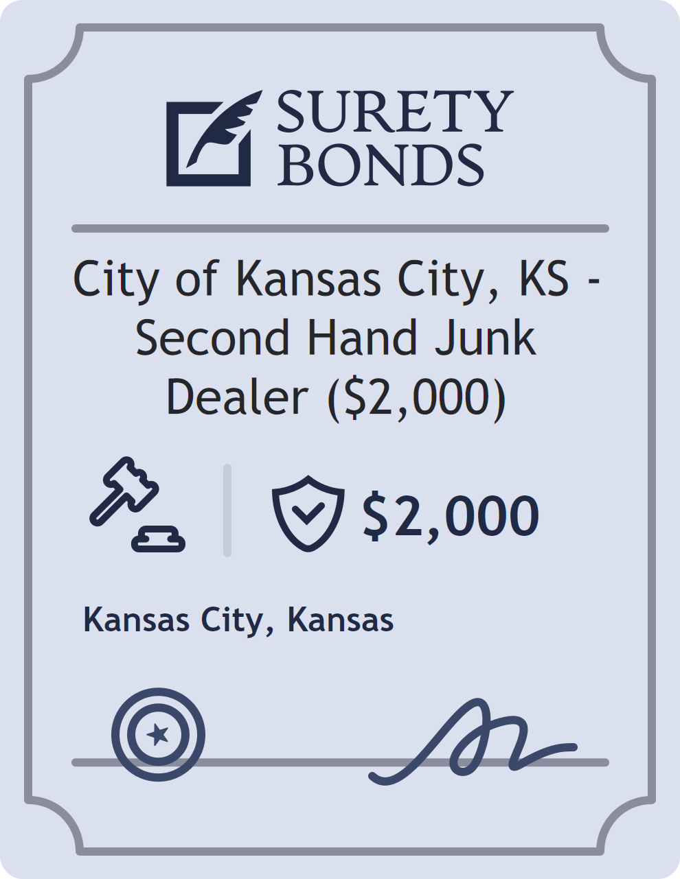 Surety bond badge for City of Kansas City, KS - Second Hand Junk Dealer ($2,000)