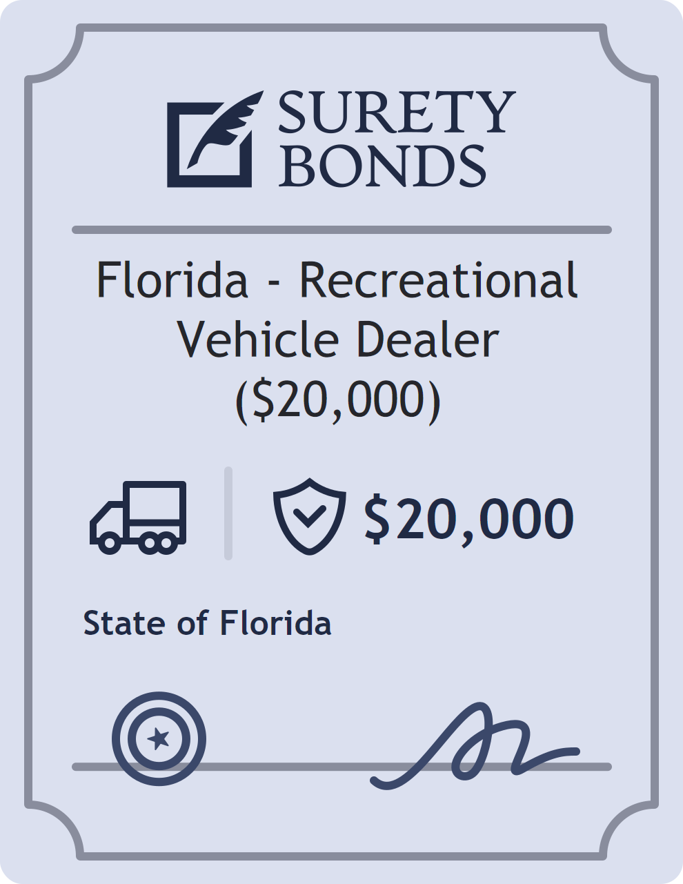 Surety bond badge for Florida - Recreational Vehicle Dealer ($20,000)