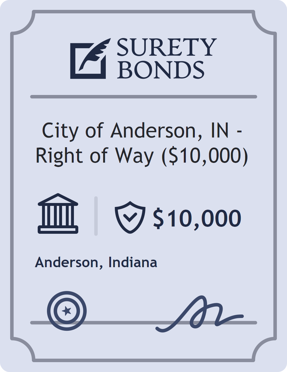 Surety bond badge for City of Anderson, IN - Right of Way ($10,000)