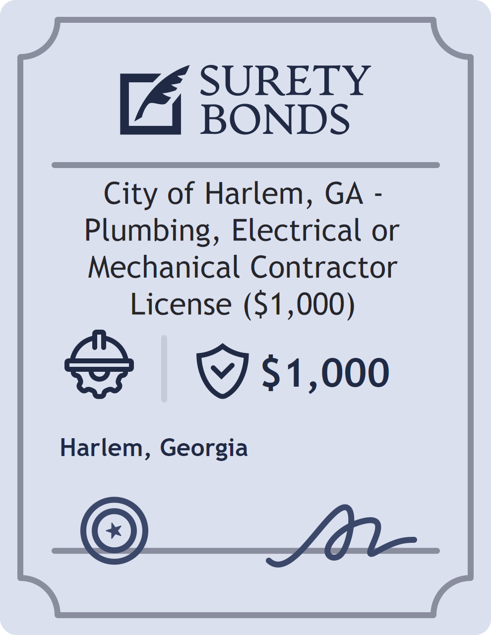 Surety bond badge for City of Harlem, GA - Plumbing, Electrical or Mechanical Contractor License ($1,000)
