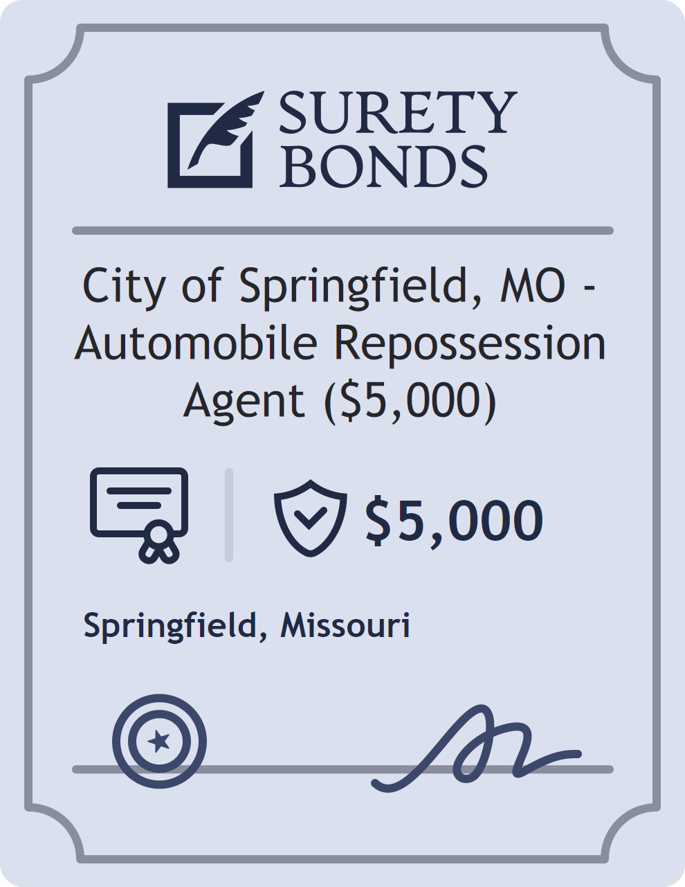 Surety bond badge for City of Springfield, MO - Automobile Repossession Agent ($5,000)