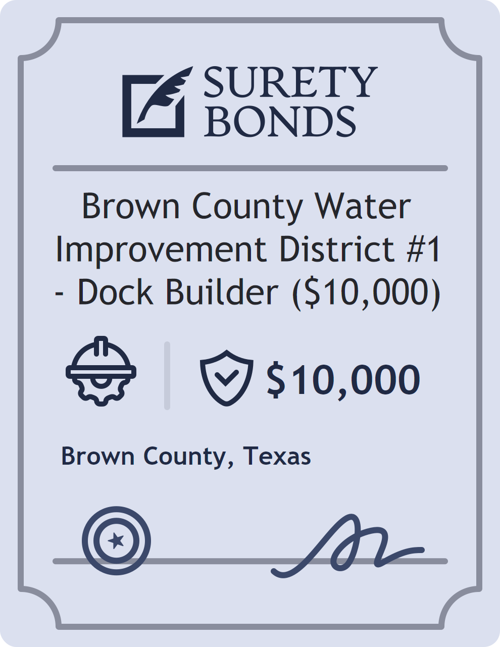 Surety bond badge for Brown County Water Improvement District #1 - Dock Builder ($10,000)