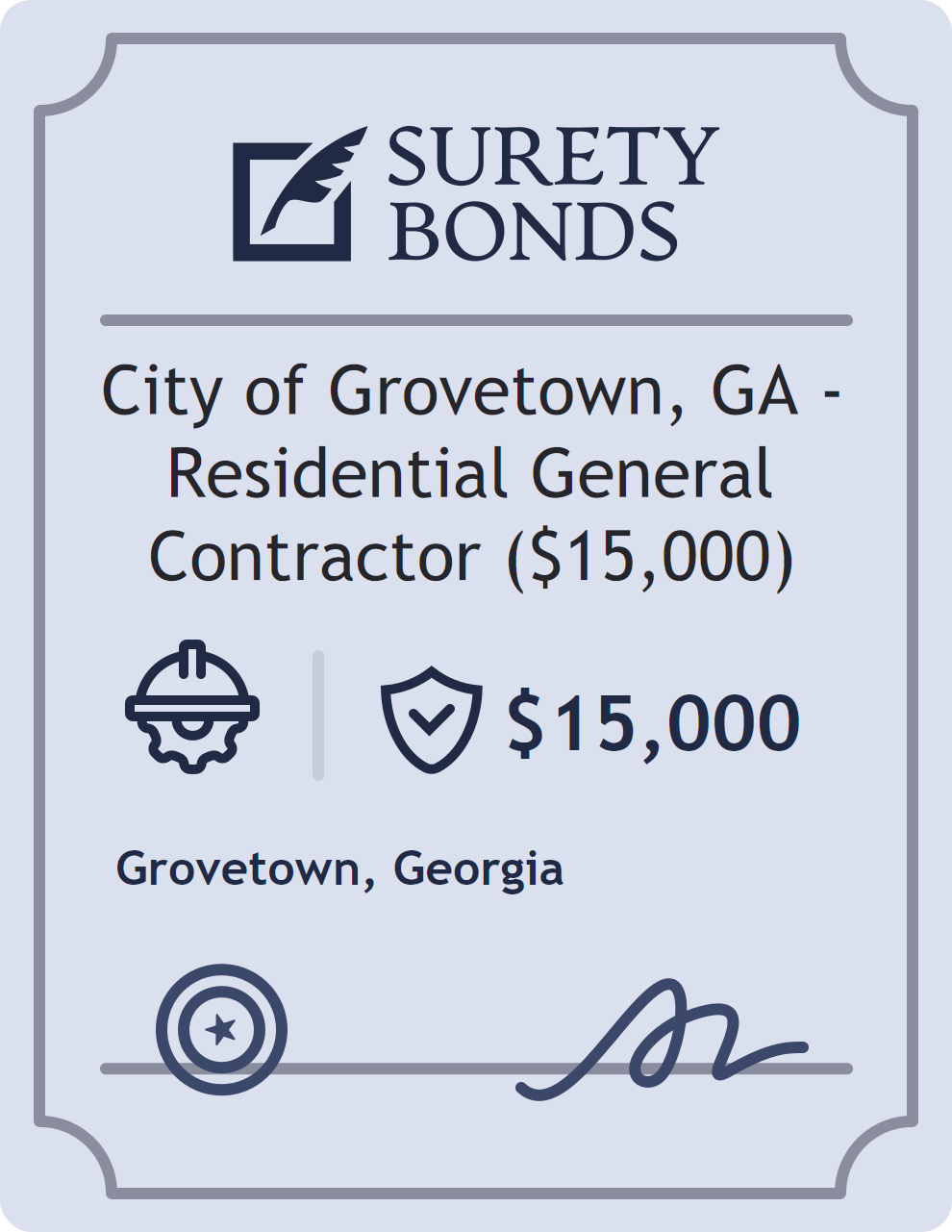Surety bond badge for City of Grovetown, GA - Residential General Contractor ($15,000)