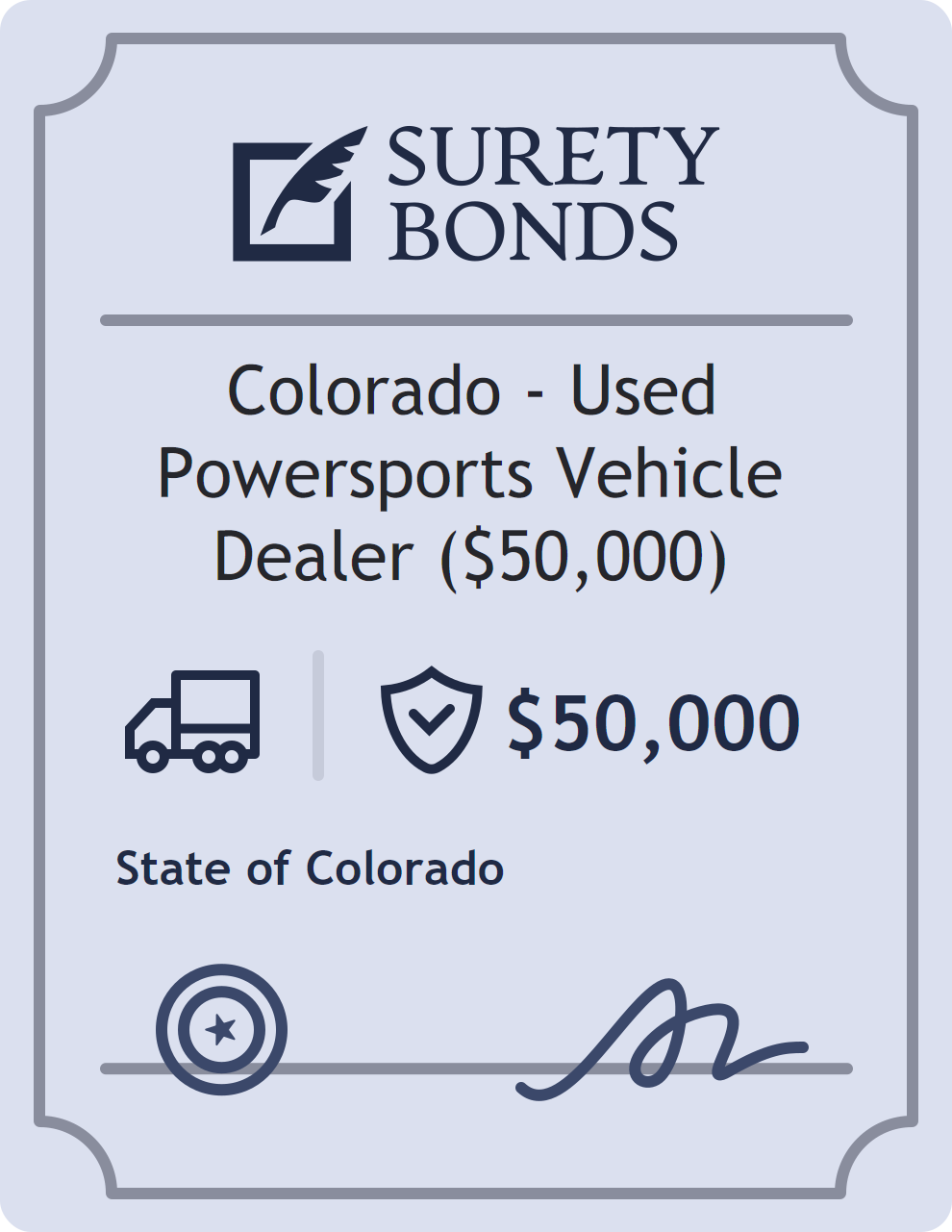 Surety bond badge for Colorado - Used Powersports Vehicle Dealer ($50,000)