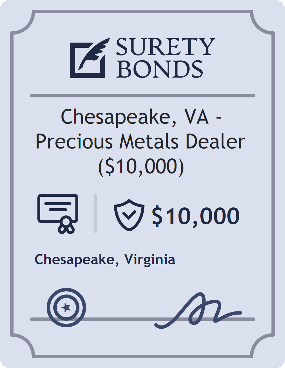 Surety bond badge for Chesapeake, VA - Precious Metals Dealer ($10,000)