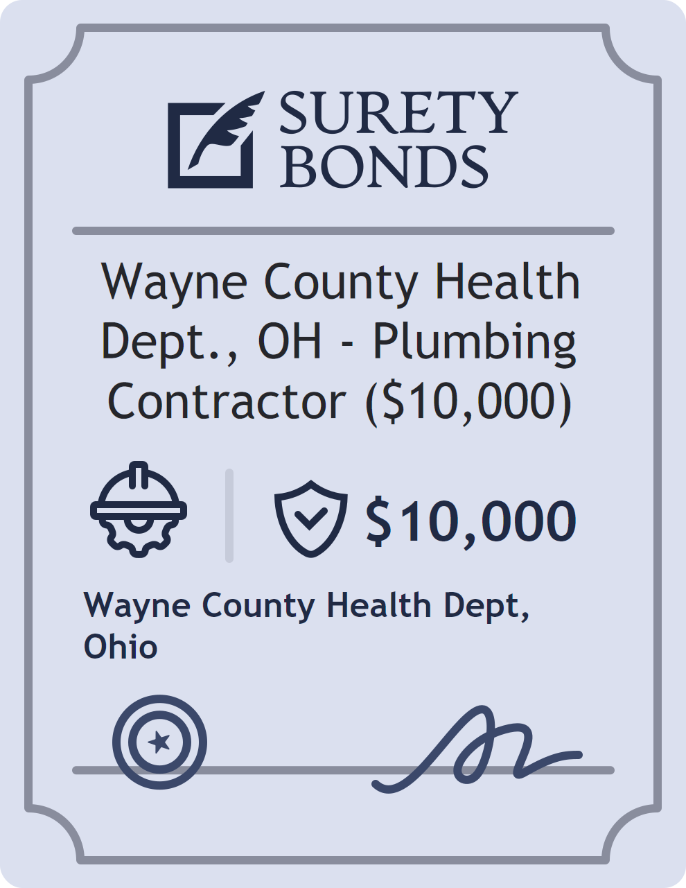 Surety bond badge for Wayne County Health Dept., OH - Plumbing Contractor ($10,000)