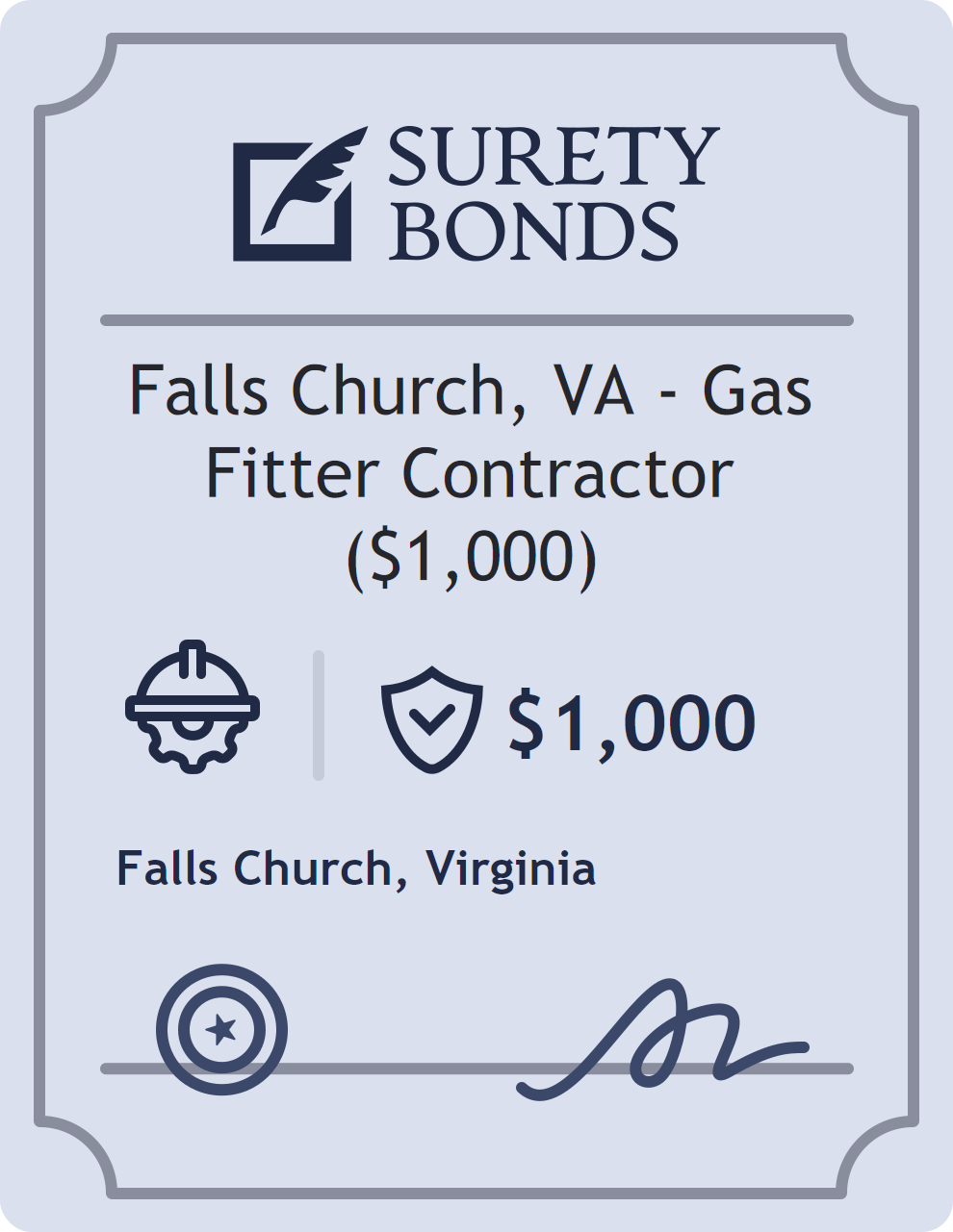 Surety bond badge for Falls Church, VA - Gas Fitter Contractor ($1,000)