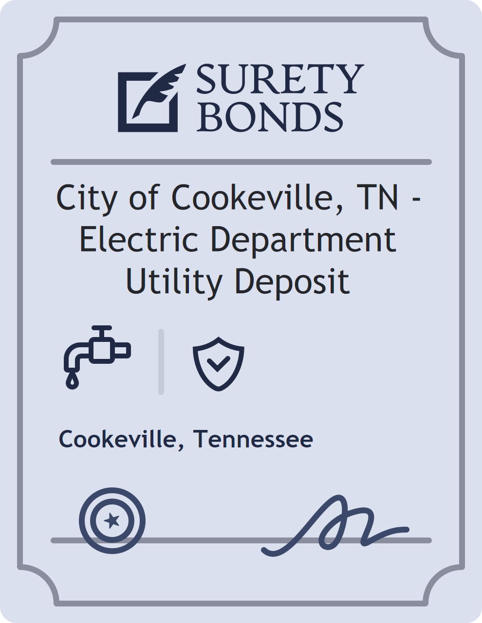 Surety bond badge for City of Cookeville, TN - Electric Department Utility Deposit