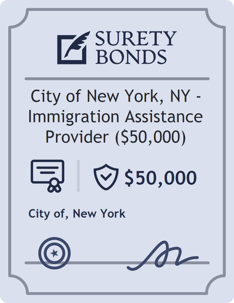 Surety bond badge for City of New York, NY - Immigration Assistance Provider ($50,000)