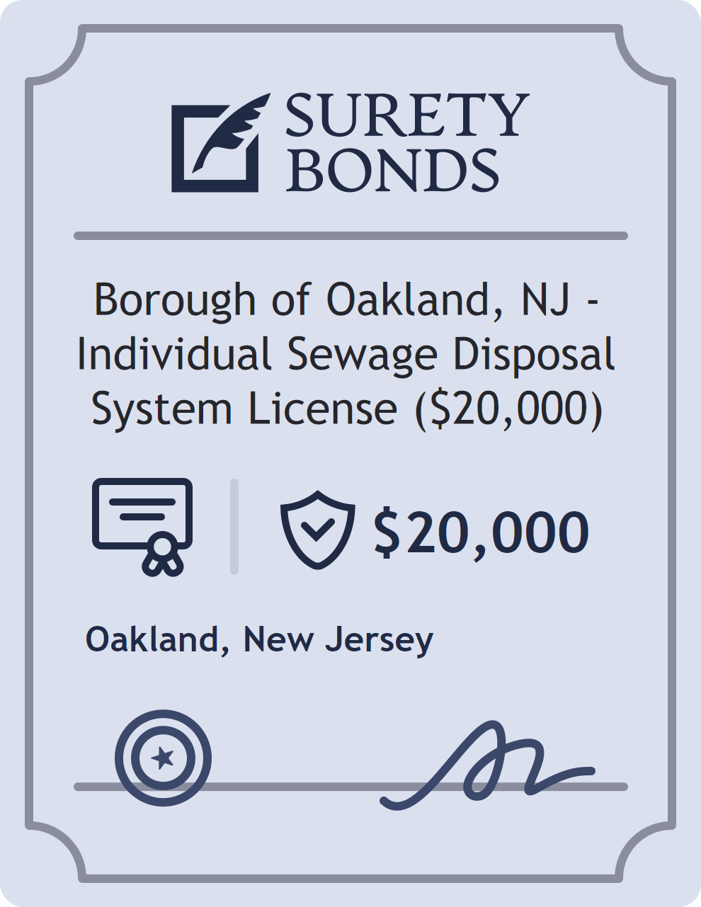 Surety bond badge for Borough of Oakland, NJ - Individual Sewage Disposal System License ($20,000)