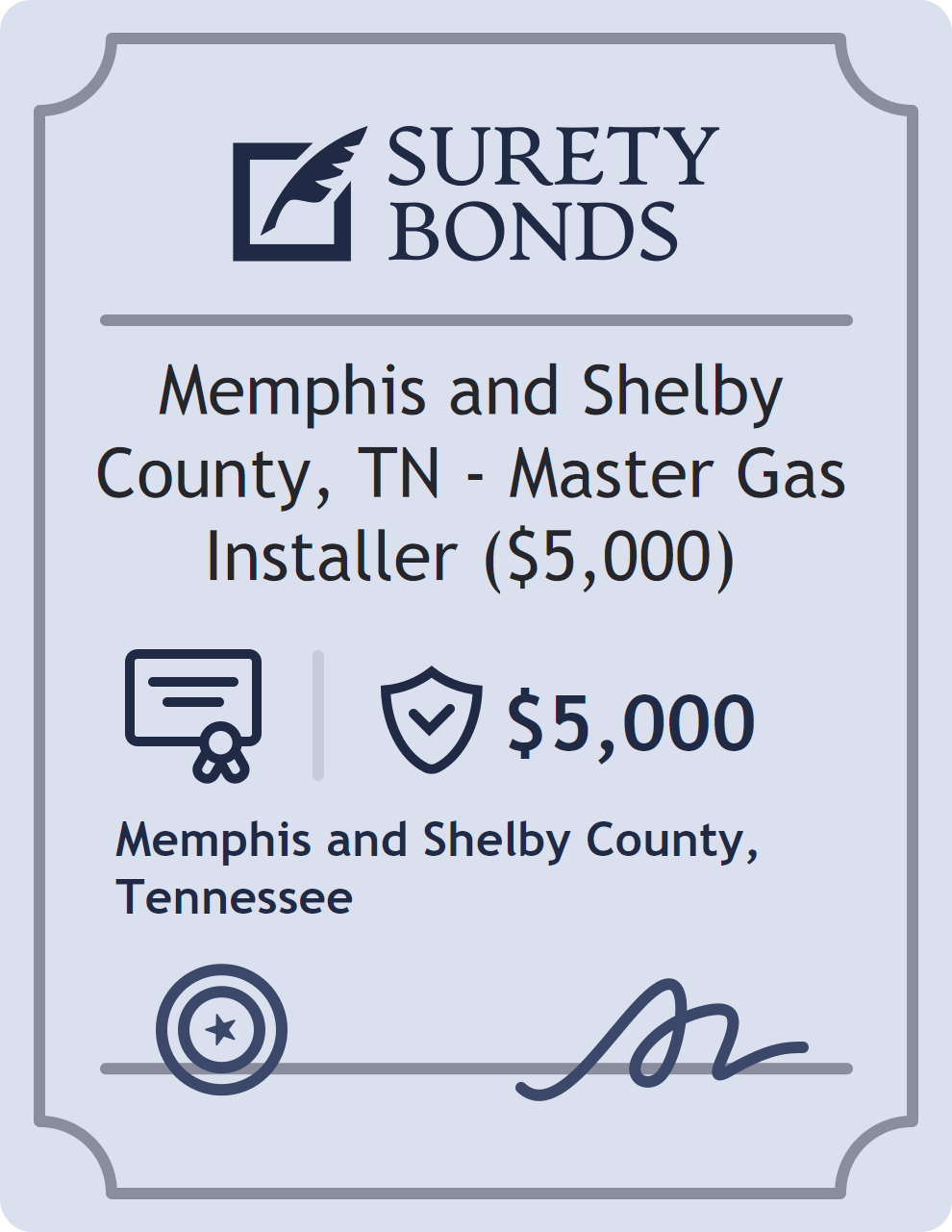 Surety bond badge for Memphis and Shelby County, TN - Master Gas Installer ($5,000)