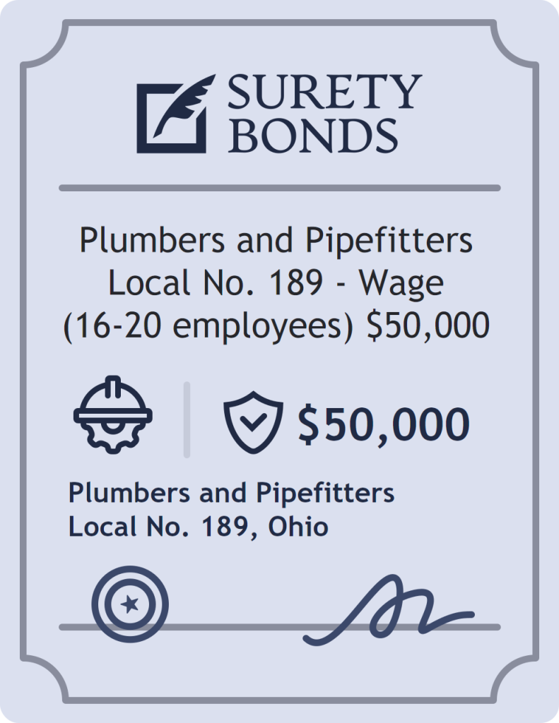 Surety bond badge for Plumbers and Pipefitters Local No. 189 - Wage (16-20 employees) $50,000