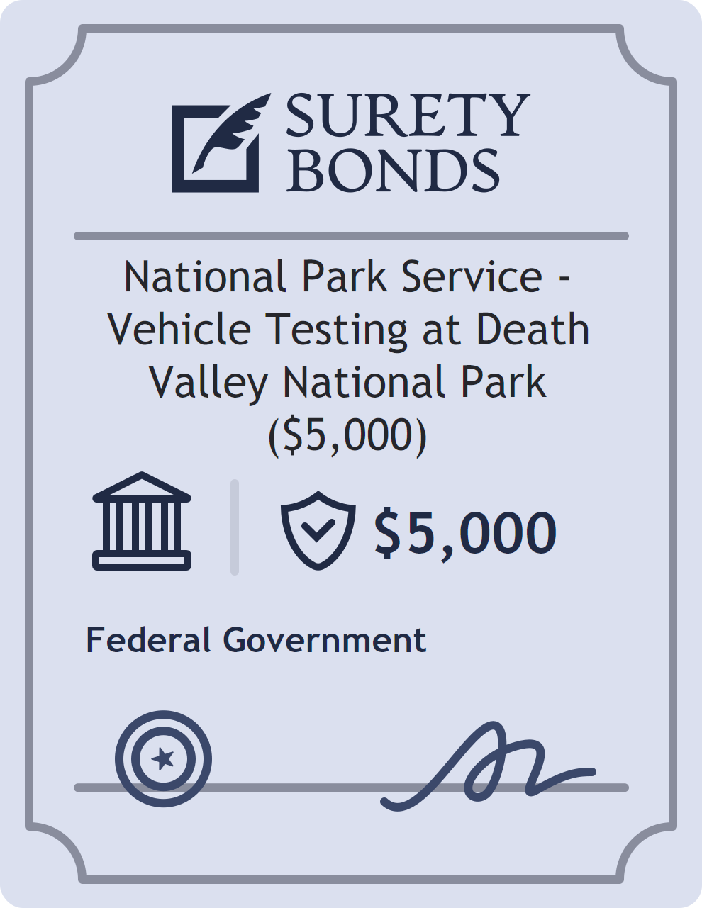 Surety bond badge for National Park Service - Vehicle Testing at Death Valley National Park ($5,000)