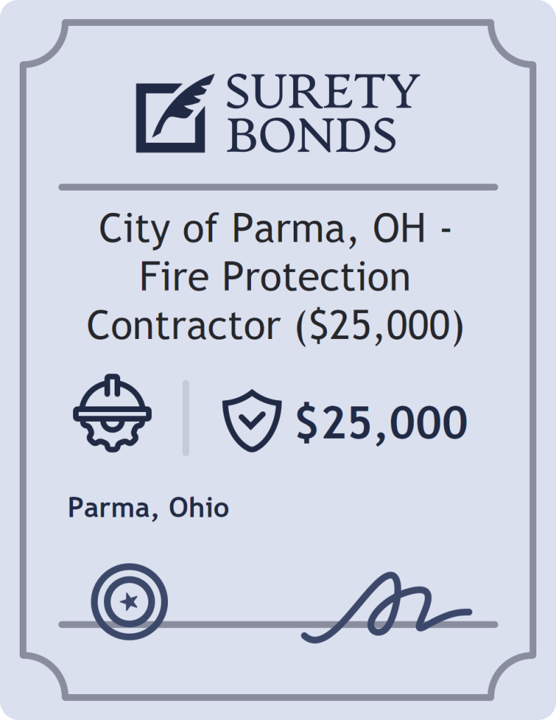 Surety bond badge for City of Parma, OH - Fire Protection Contractor ($25,000)