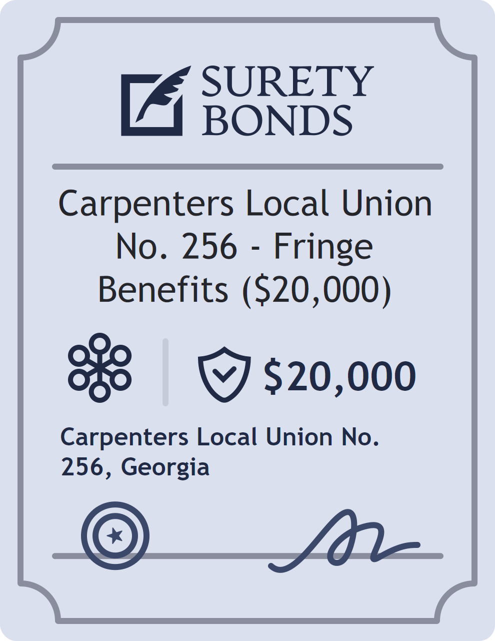 Surety bond badge for Carpenters Local Union No. 256 - Fringe Benefits ($20,000)