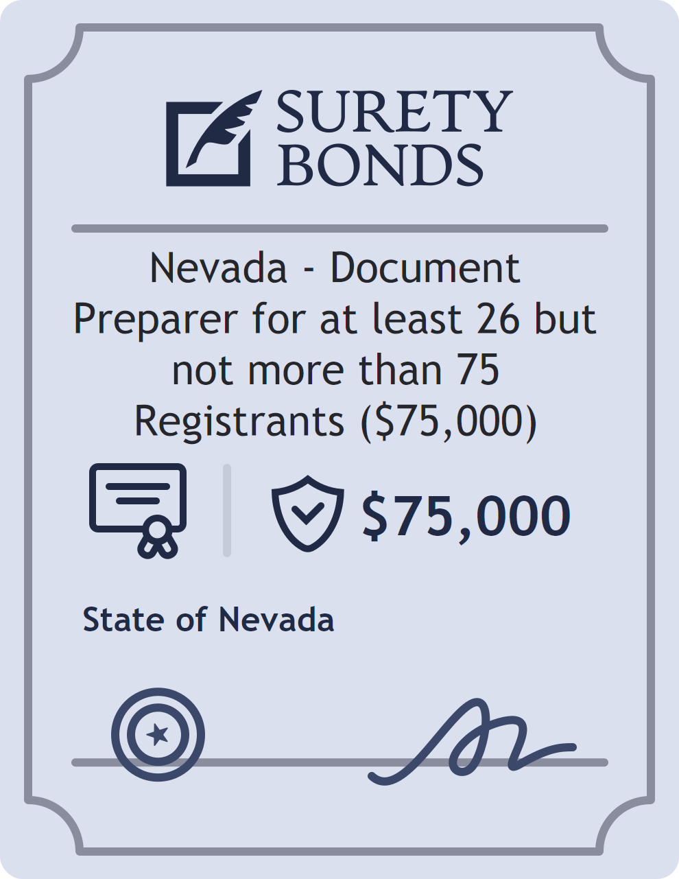 Surety bond badge for Nevada - Document Preparer for at least 26 but not more than 75 Registrants ($75,000)