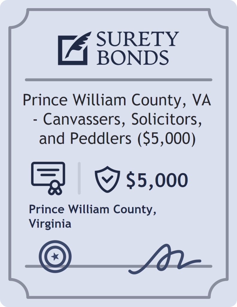 Surety bond badge for Prince William County, VA - Canvassers, Solicitors, and Peddlers ($5,000)