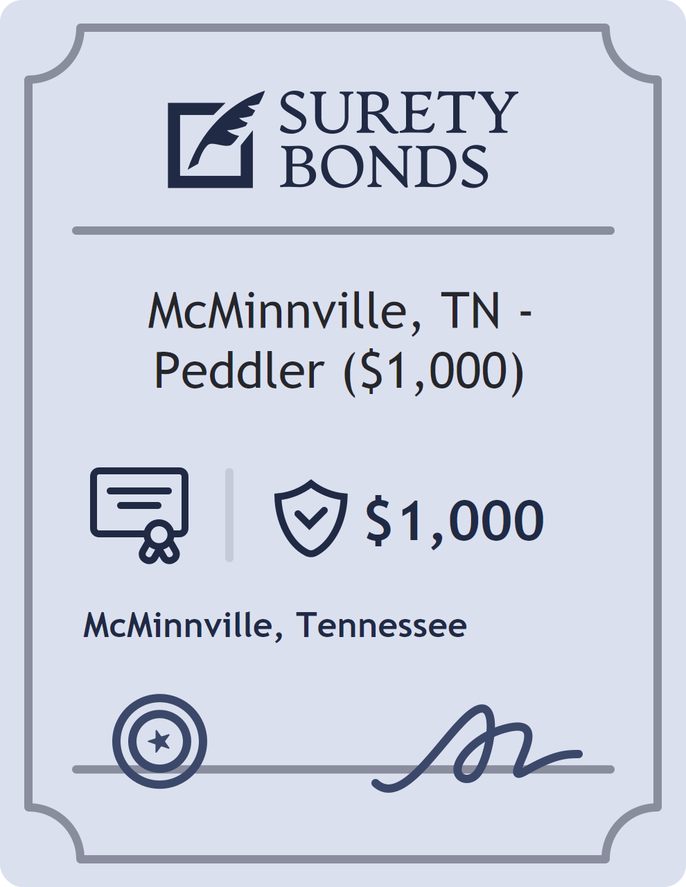 Surety bond badge for McMinnville, TN - Peddler ($1,000)