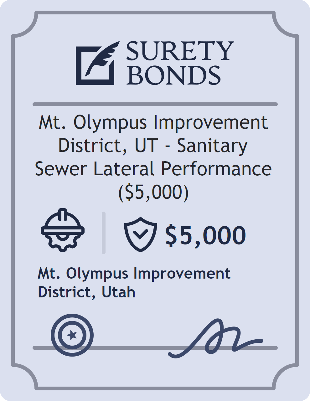 Surety bond badge for Mt. Olympus Improvement District, UT - Sanitary Sewer Lateral Performance ($5,000)
