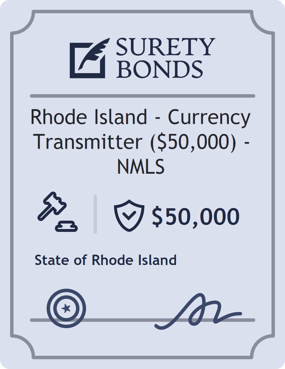Surety bond badge for Rhode Island - Currency Transmitter ($50,000) - NMLS